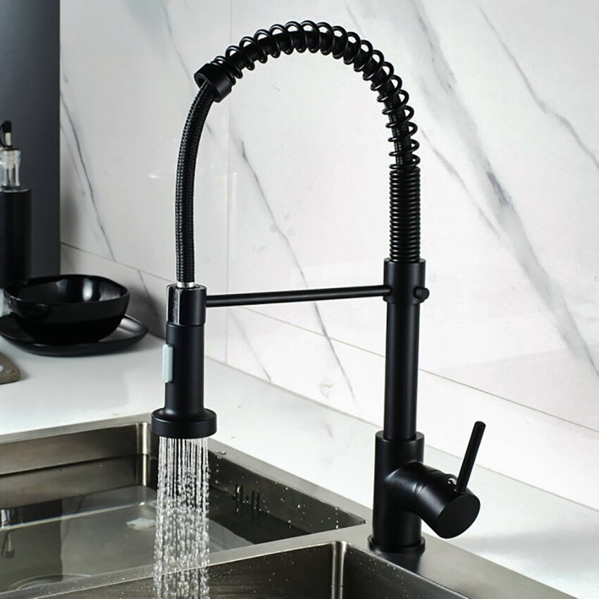 Kitchen Faucets Commercial Solid Brass Single Handle Single Lever Pull Down Sprayer Spring Kitchen Sink Faucet, Silver, Black: Black