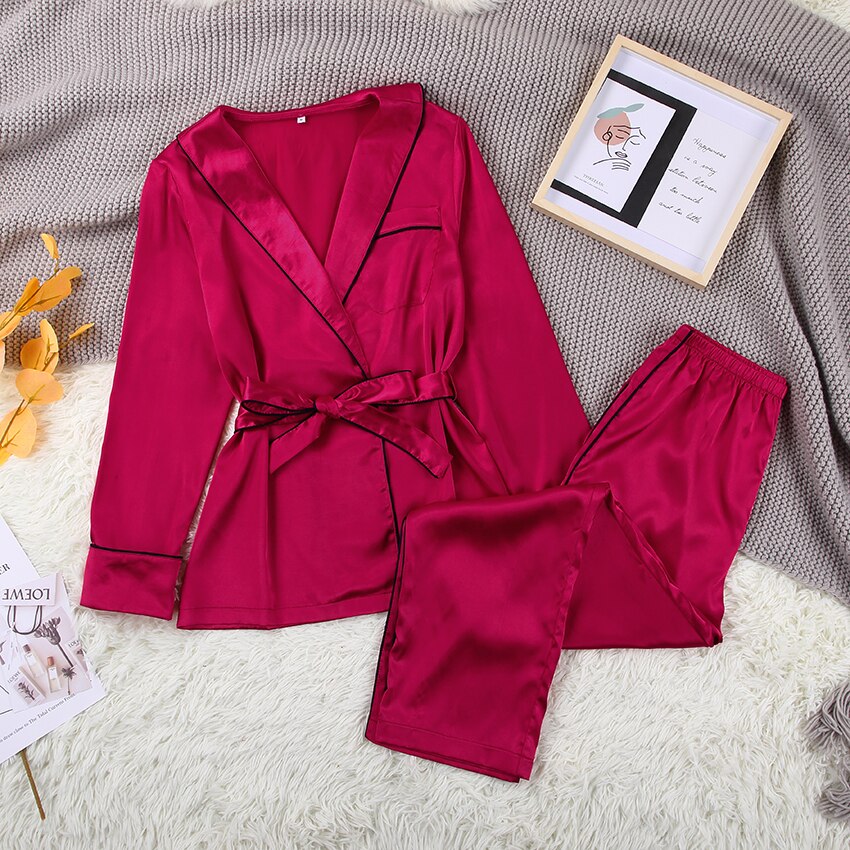 Long Sleeves Satin Robe Sets Spring Homewear Pajamas For Women Pocket Female Set 2 Pcs Sleep Tops Sleepwear Spring Suit