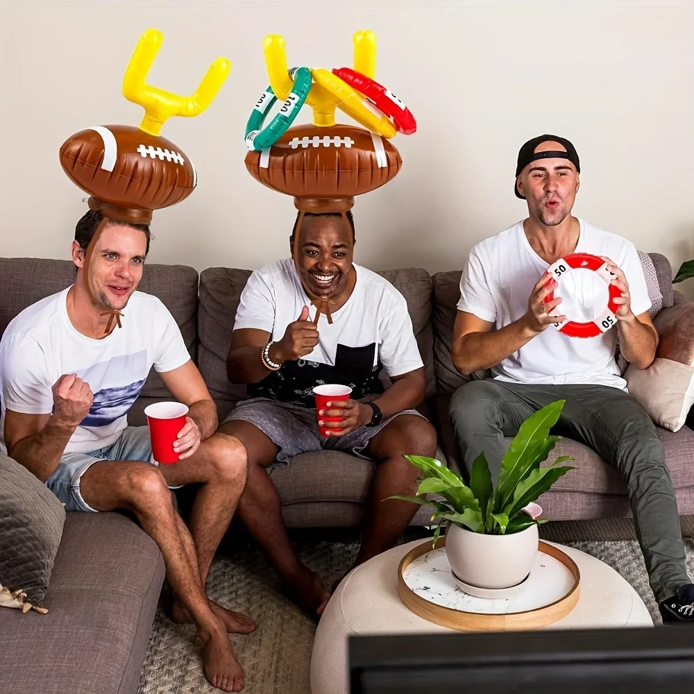 Inflatable Rugby Throw Ring Set, 1 Inflatable Rugby Ball Hat, 3 Inflatable Rings, Party Indoor Outdoor Activity Props, Best for
