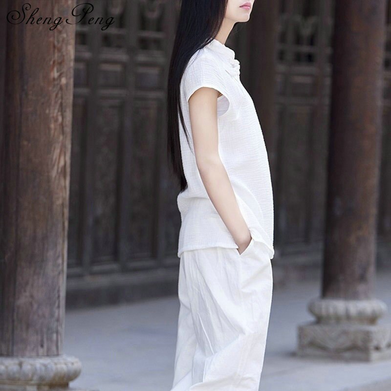 Vêtements traditionnels chinois pour femmes cheongsam top chemise en lin femmes élégantes blouses en coton et lin col mandarin CC068
