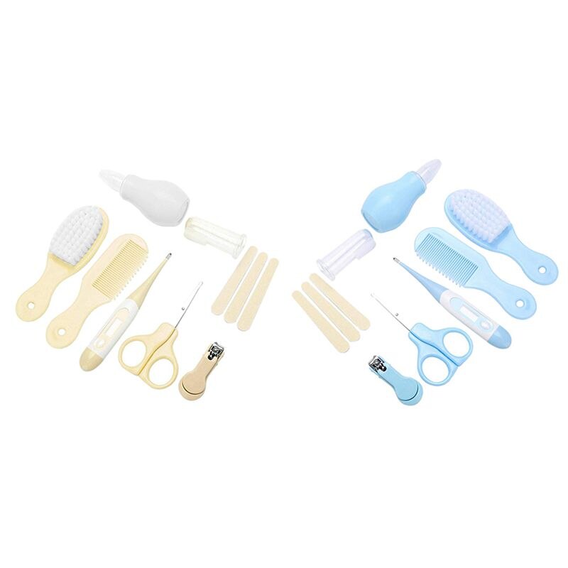 2 Set Baby Care Kit,Nail Clipper Manicure Scissors Nose Cleaner Hair Brush Bathing Tool-Blue & Yellow