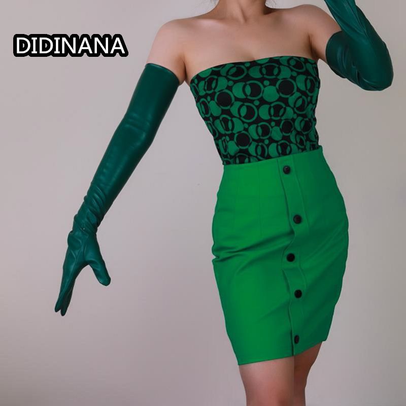 PU long leather gloves Gothic simulation leather female emerald dark green stick hand slimming performance photography: Blue