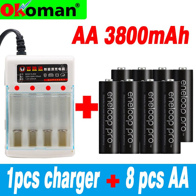 8 Stuks Originele Batterij Pro Aa 3800 Mah 1.2V Ni-Camera Zaklamp Speelgoed Oplaadbare Batterijen Met Lader: Default Title