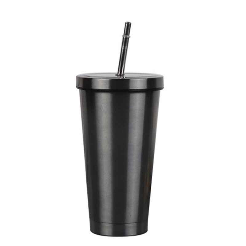 500ml Stainless Steel Coffee Mug With Lid Beer Mugs For Tea Cup Metal Cup Drink Straw Drink Straw Travel Cups for Home: black