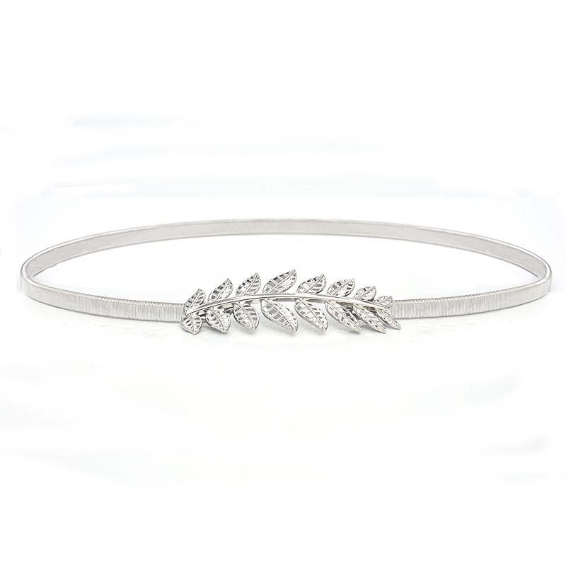 Cinturón de hebilla de metal de hojas de flores para mujer, cinturón de cadena de cintura elástica para mujer, cinturón de mujer fino dorado pasek damski: Silver 75-95cm