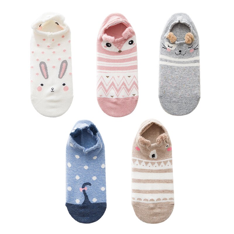 5 Pairs Lot Cotton Women Socks Female Casual Boat 3D Pack Cartoon Harajuku Cat Cute Heart Invisiable Funny Girl Ankle Sock Set: type 16