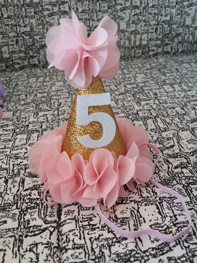 Meisje Bloem Tuin Shabby Chic Verjaardag Hoed Roze Lavendel Gouden Bloem Party Hoed Hoofdband 1st 2nd 3rd Pasgeboren Glitter party Cap: Pink 5 one piece