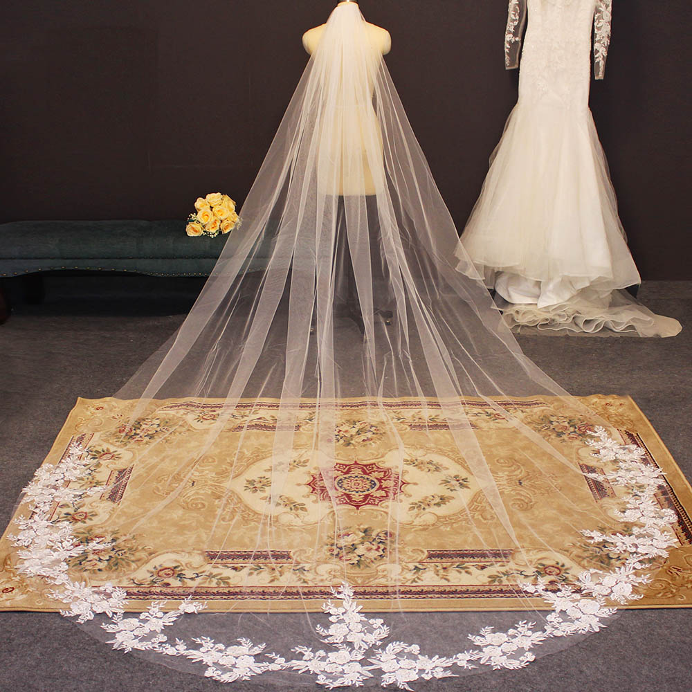 Bling Pailletten Kant Applicaties Wedding Veil 3 Meter Lange Bruidssluier Een Laag Kathedraal Veil Voor Bruid Bruiloft Accessoires