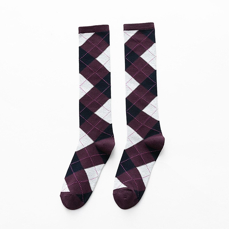 Dreamlikelin Autumn Winter Harajuku Girls Cotton Socks Female Uniform Argyle Socks Wing Rhombus Kawaii High Tube Knee Socks: StyleB Purple