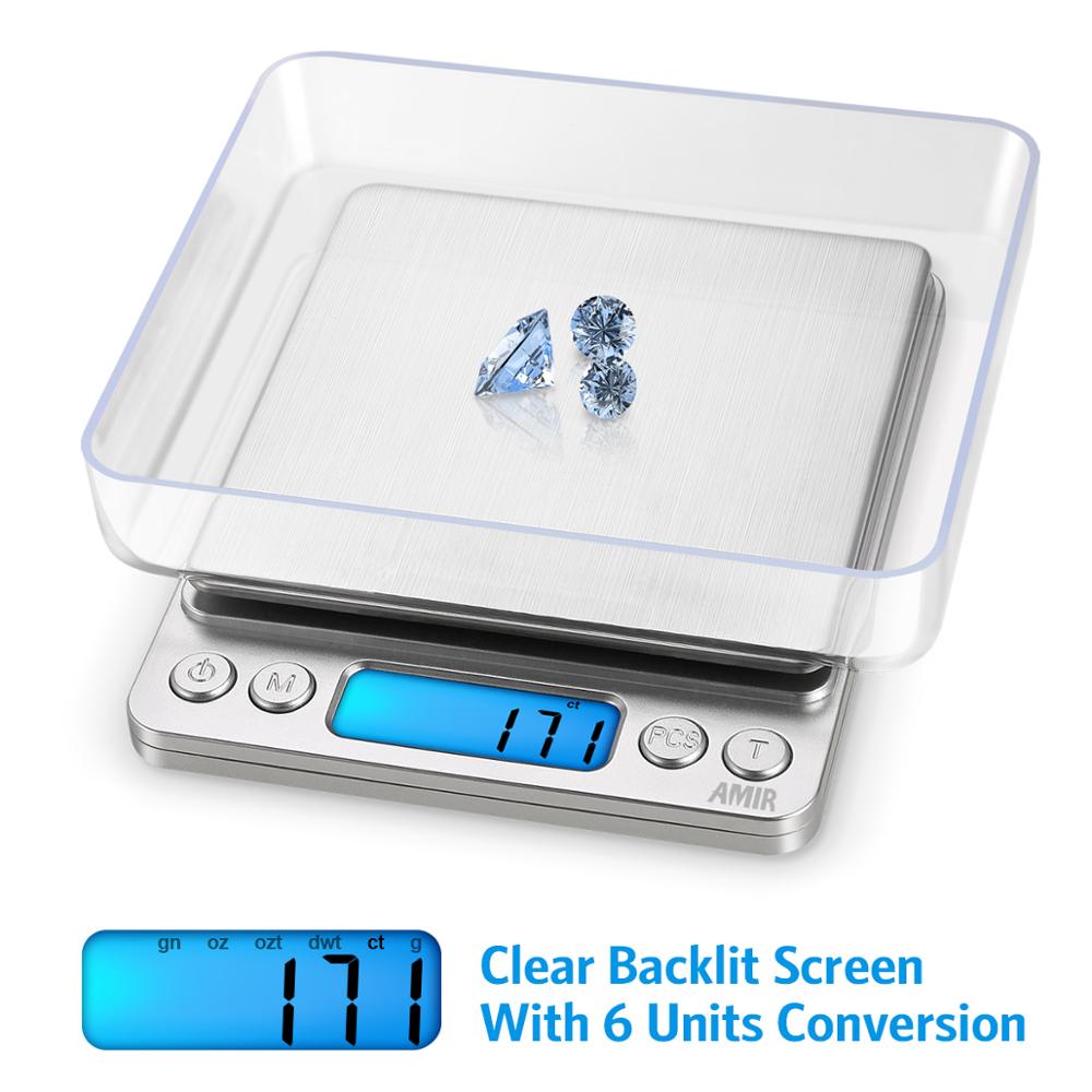 AMIR Digital Kitchen Scale Mini Pocket Stainless Steel Food Baking Scale 500g/0.01g LCD Display Electronic Kitchen Scales