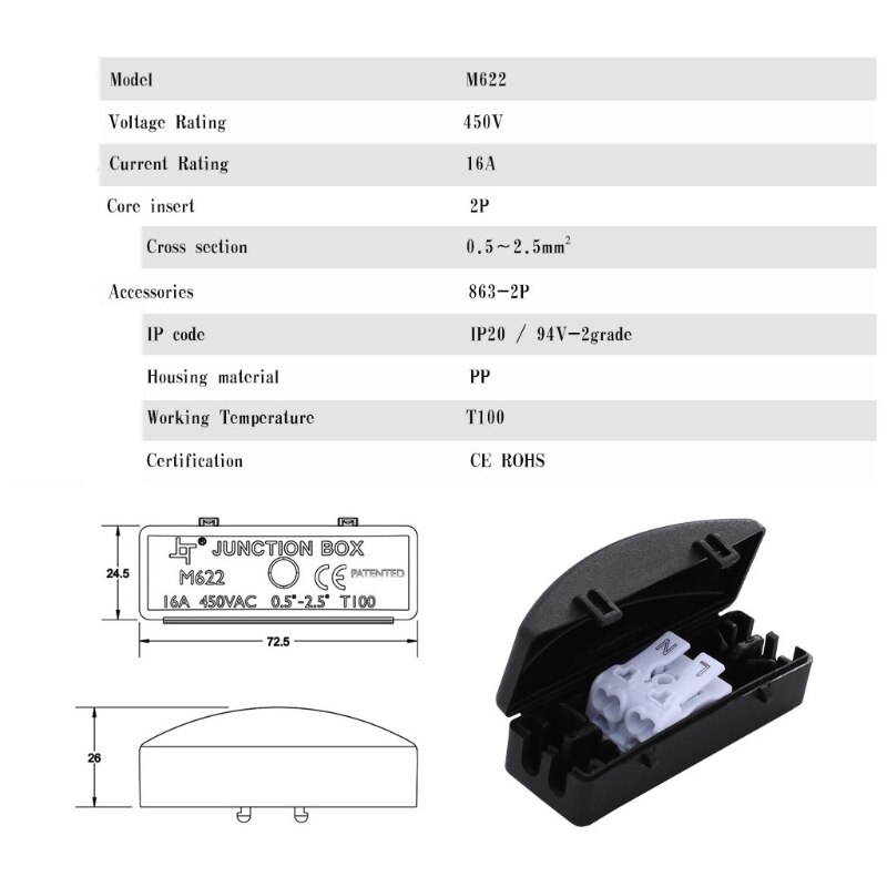 Plastic External Junction Box Cable Connector Waterproof IP20 2 Way External Electrical Junction Box Outdoor M622
