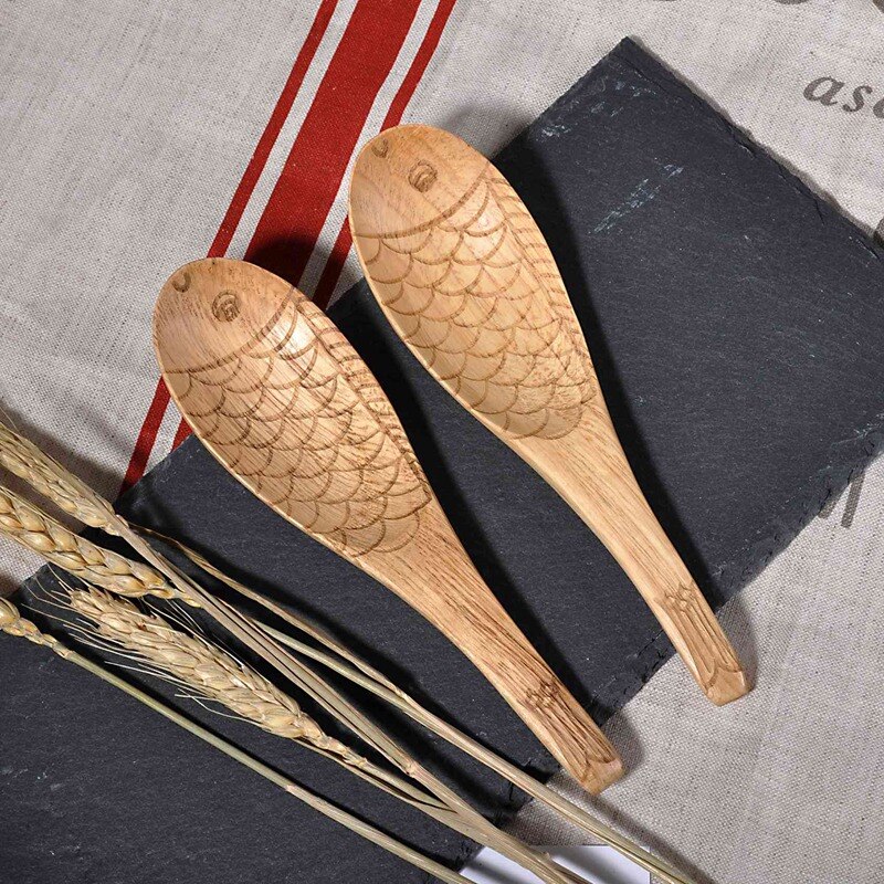 Fish-Shaped Wooden Rice Spoon Fish Shaped Rice Paddle Serving Spoon Rice Scoop, Ergonomic Handle for Non Stick Cookware