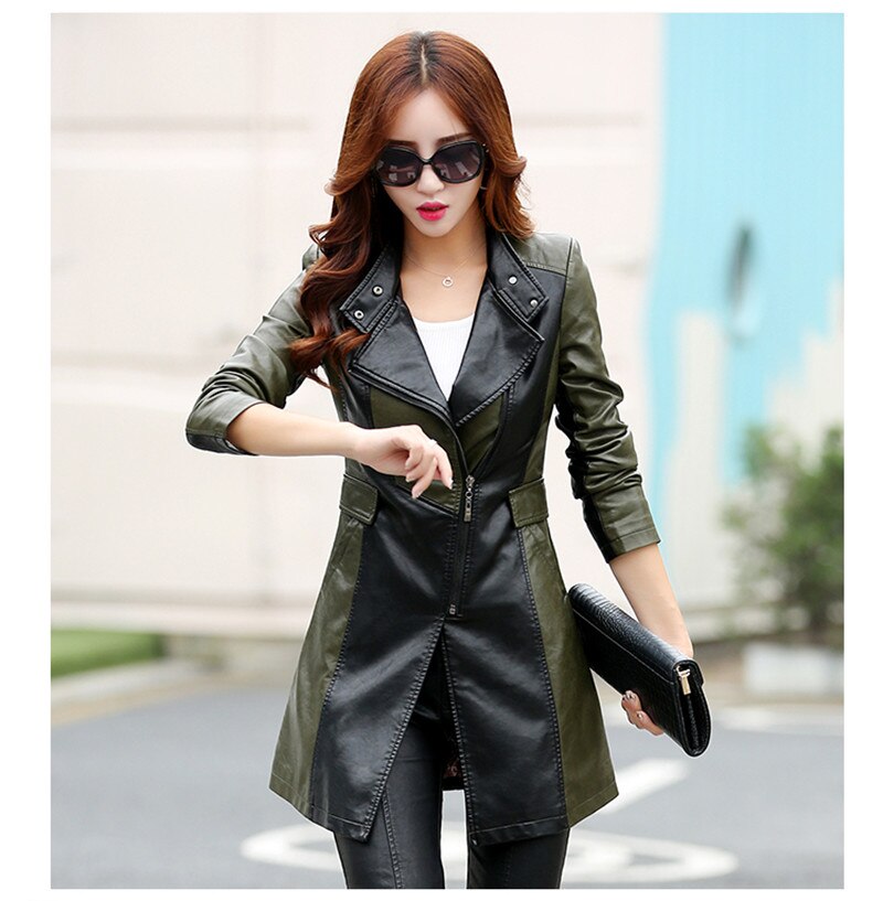 Chaqueta de abrigo de cuero de talla grande M-5XL de de otoño para mujer Chaqueta larga de retazos de PU de para motocicleta W1430: Green / L