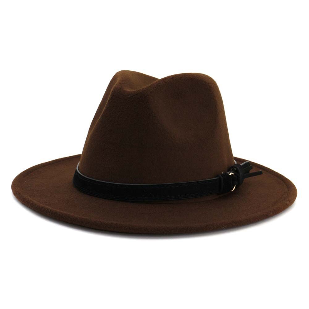Vintage sommar bred brätte fedorahatt kvinnor lädersnöre imitation ylle jazzhatt keps chapeau för resor: 10