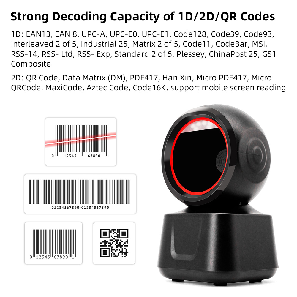 Scanner di codici a barre cablato desktop 1D 2D QR Piattaforma ad alta velocità Lettore di rilevamento automatico a mani libere Porta USB Compatibile con Plug & Play