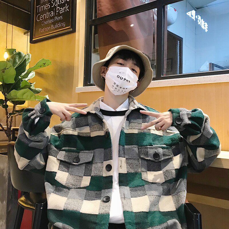 Men's Loose Lattice Printing Long-sleeved Woolen Shirt Mid-length Trench Green Color Cotton Clothes Coats M-2XL