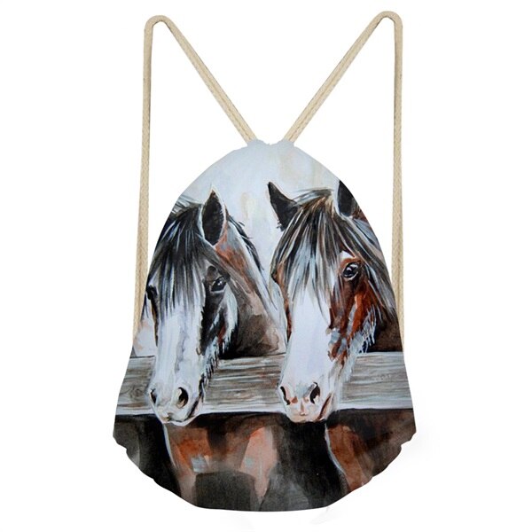 FORUDESIGNS Cool 3D Crazy Horse Print Woman Man Drawstrings Bags Beach Travel Sack Bags Casual Softback Student Backpack: H852Z3