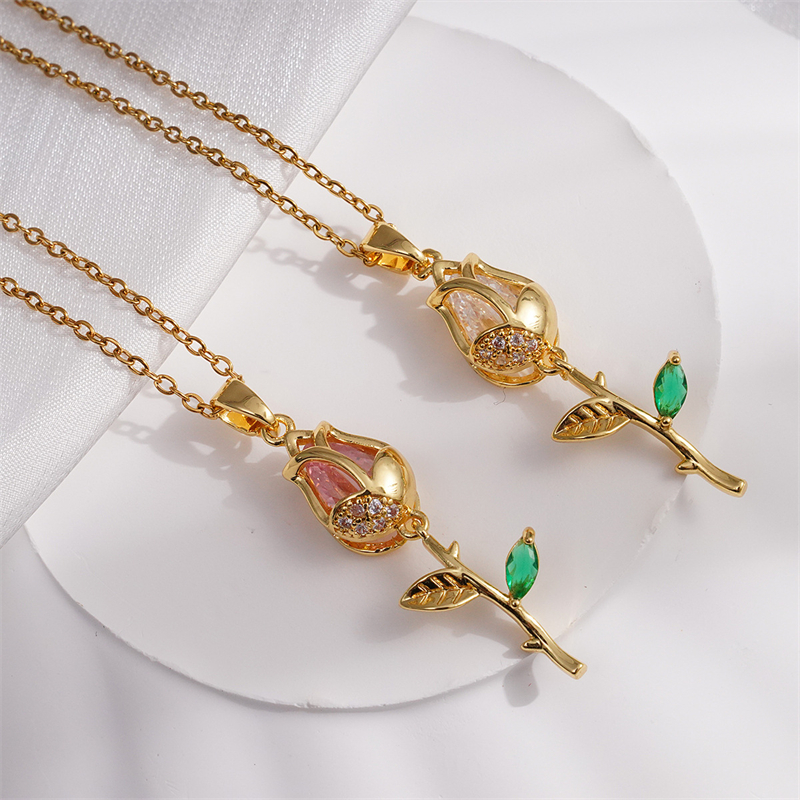 Collar con colgante de tulipán de acero inoxidable ligero de lujo para mujer, cadena de Color dorado, collar de flores, de joyería de la suerte para niñas