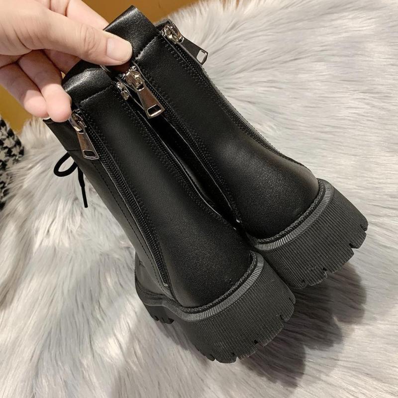 neue Landebahn Dicke Sohle Runde Kappe Stiefeletten Frau niedrig Fersen Postleitzahl Motorrad Stiefel Für Frau Spitze hoch Schwarz ritter