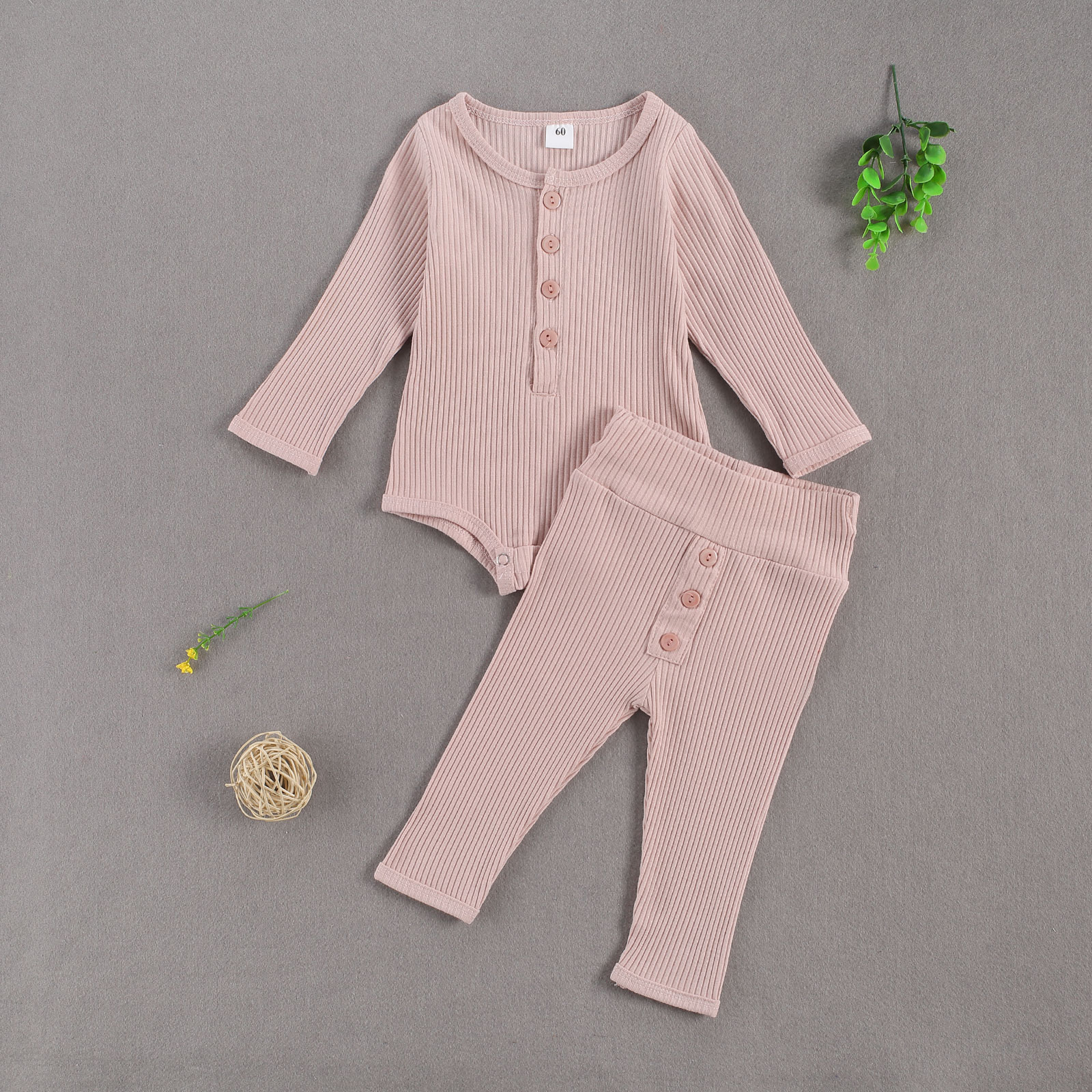 Focusnorm 0-18M Pasgeboren Baby Meisjes Jongens Nachtkleding Sets Solid Knit Knop Lange Mouw Romper Tops Broek 2 stuks 4 Kleuren