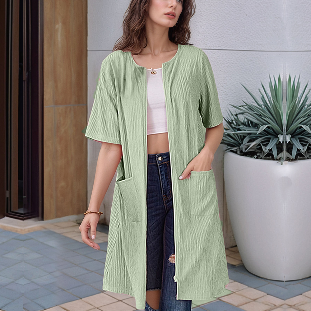 Albornoz de punto de manga corta para mujer con bolsillos, bata con cremallera, vestido de casa, ropa de dormir, camisón: L / Menta