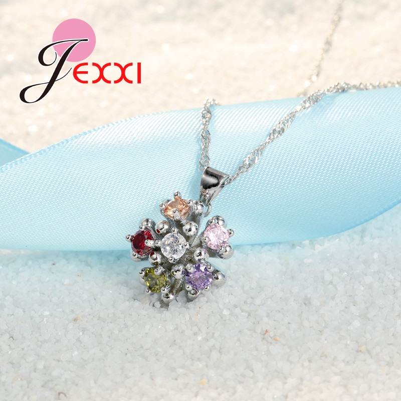 Beautiful Flower Pendant Necklace Earrings Cute Clear Crystal Woman 925 Sterling Silver Jewelry Set