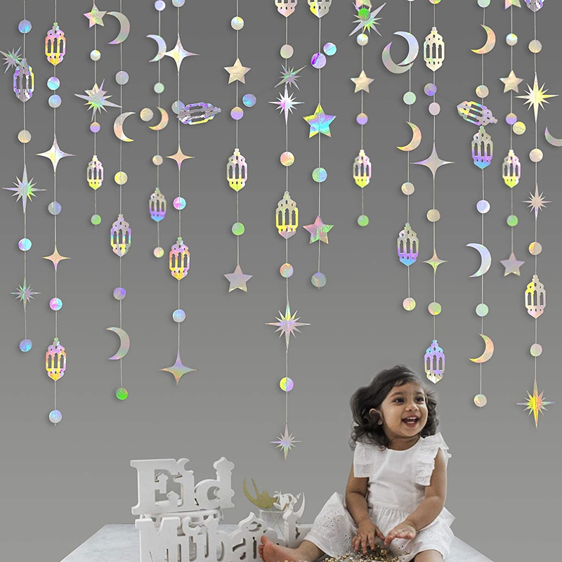Banderole Eid Mubarak de 4m en papier doré et argenté, guirxiété étoile lune, décoration pour Ramadan Kareem, fournitures de fête musulmane islamique pour la maison
