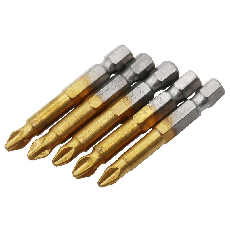 5/10pcs Anti Slip Electric Screwdriver Bits 1/4"Hex Shank Titanium Coated Screwdriver Bits PH2 Magnetic Electric Screwdriver Bit: 50mm 5pcs