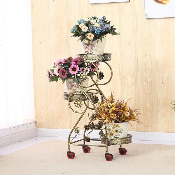 Wrought iron flower stand multi-layer push-pull mobile wheel flower stand living room flower pot stand floor green hanging hangi