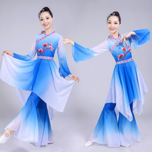 Klassieke Dans Kostuums vrouwen Elegante Ventilator Dans Kleding Nationale Dans Kostuum Accessoires: Blauw / M