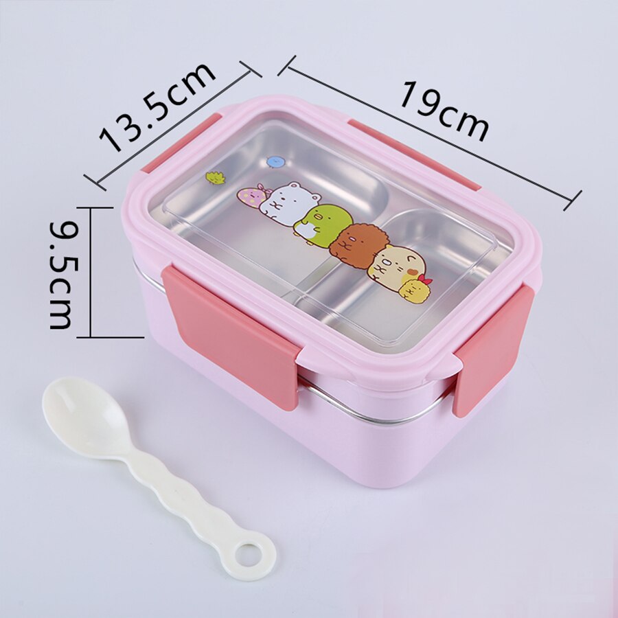 Draagbare Roestvrij Staal Lunchbox Dubbele Laag Cartoon Voedsel Container Doos Magnetron Bento Box Voor Kinderen Kinderen Picknick School: Pink