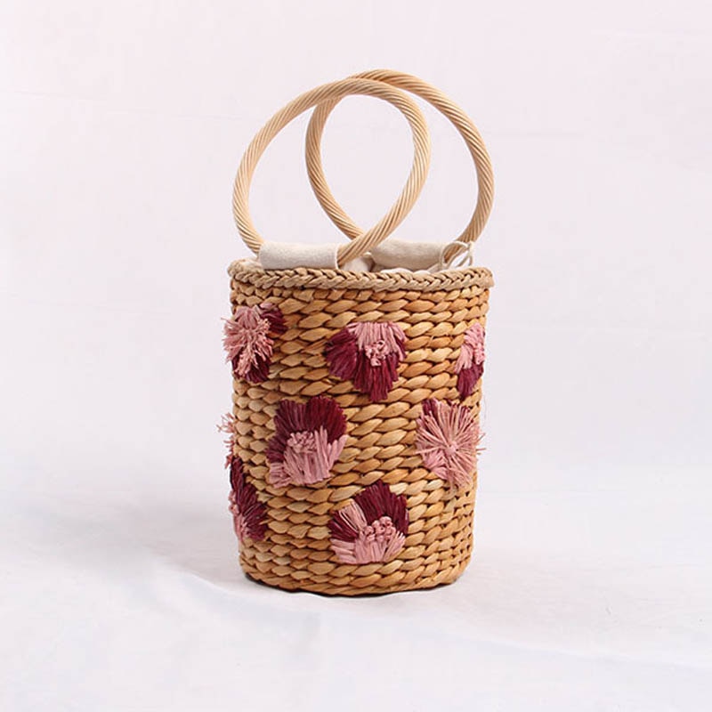 three-dimensional flower hand-held straw woven bag lovely bucket hand woven bag women's Beach handbags