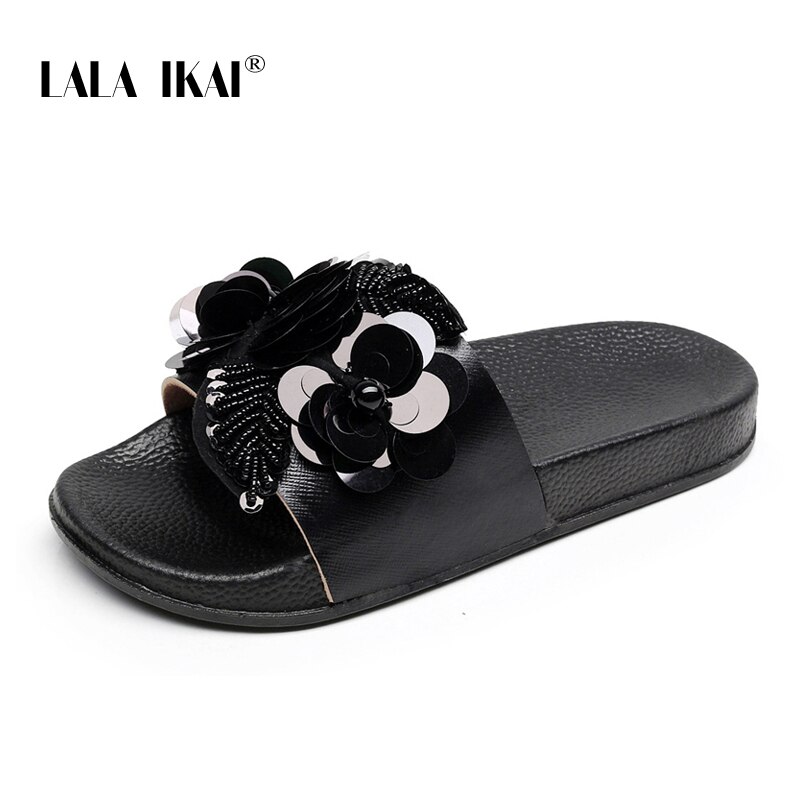 LALA IKAI Vrouwen Zomer Slippers Bloem Pailletten Platte Slippers Dames Outdoor Strand Slides Casual Koreaanse Zachte Slippers 014A3760-4