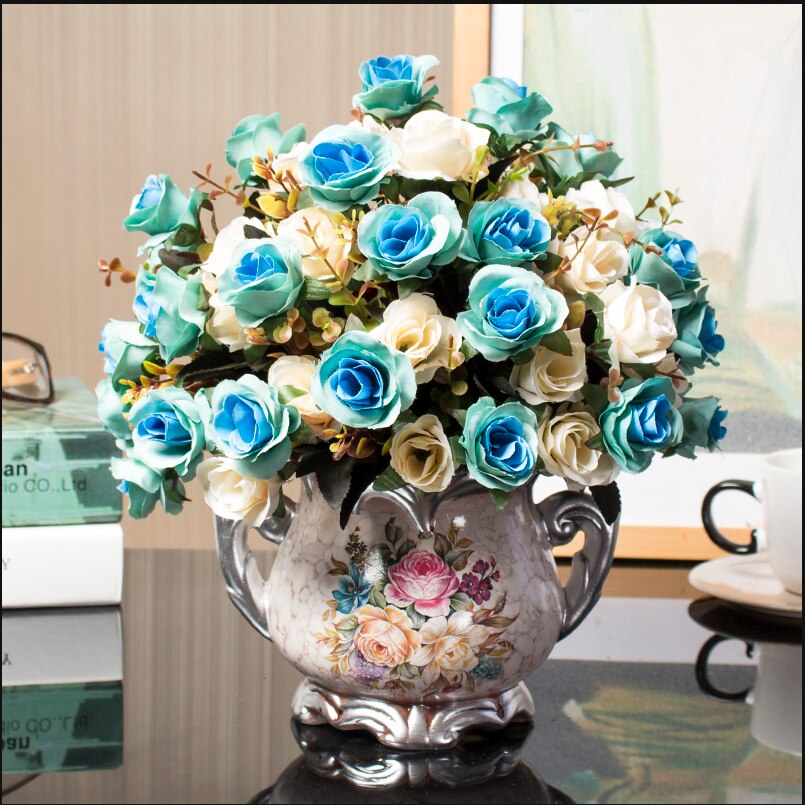 1set European artificial flower+vase living room home table wedding decor potted bonsai ornament silk flores +Ceramic vase