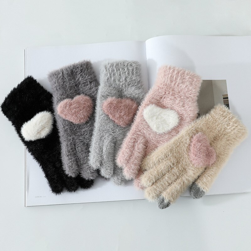 Children Winter Gloves Warm Solid Color Plush Love Thick Gloves Can Touch The Screen Soft Warm Mittens