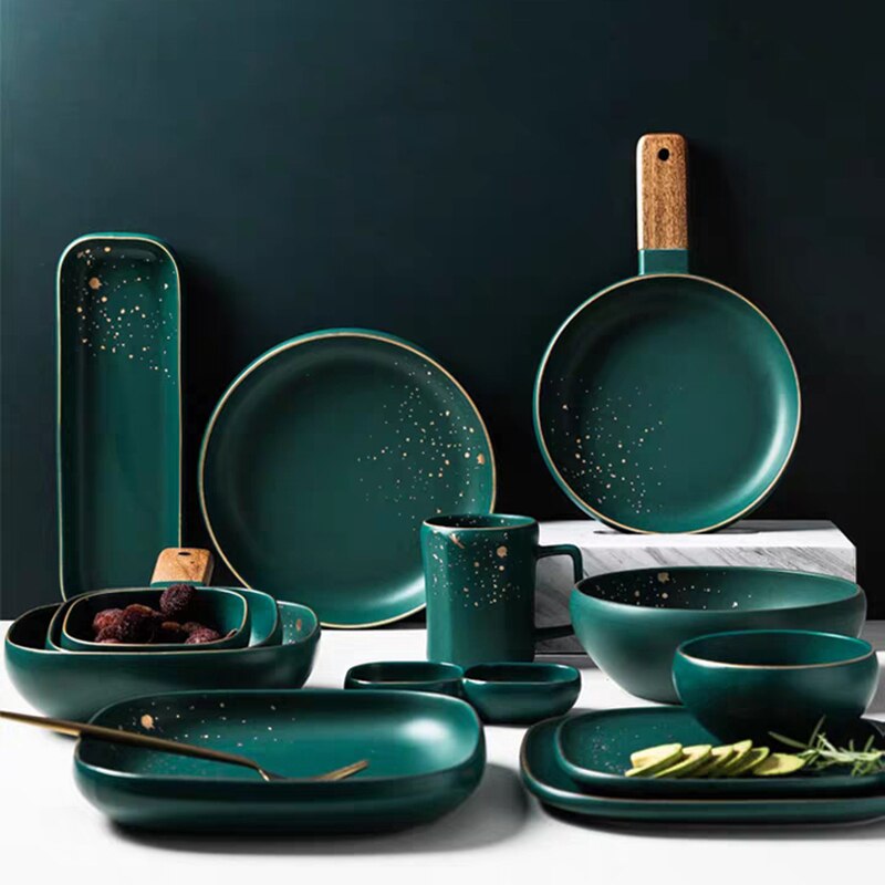 Luxury Retro Green Dinner Plates Set Dinner Marble Glazes Ceramic Party Tableware Set Kitchen Dishes Soup Bowl Cup Dinnerware