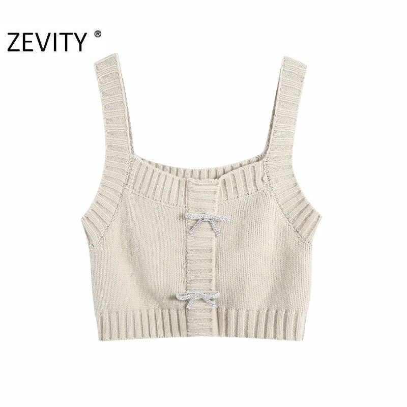 Zevity Vrouwen Faux Diamant Boog Decoratie Gebreide Sling Trui Vrouwelijke Spaghetti Bandje Korte Vest Chic Crop Tops S469: M