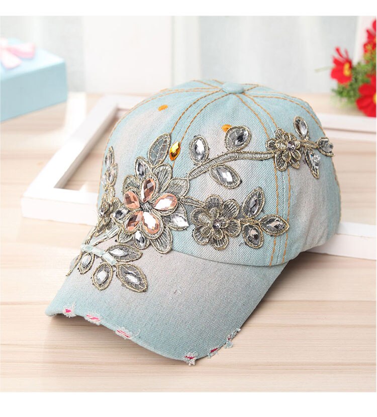 Nueva gorra de béisbol de lujo con diamantes de imitación para mujer gorra de béisbol vaquero con patrón floral de para mujer con diamantes de cristal: G