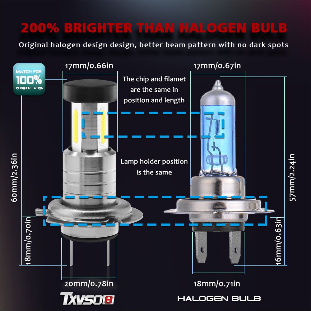 2 stk bil  h7 led hodelyktpærer 12v 24v 110w 30000lm hodelyskonverteringssett pære fjern- eller nærlys