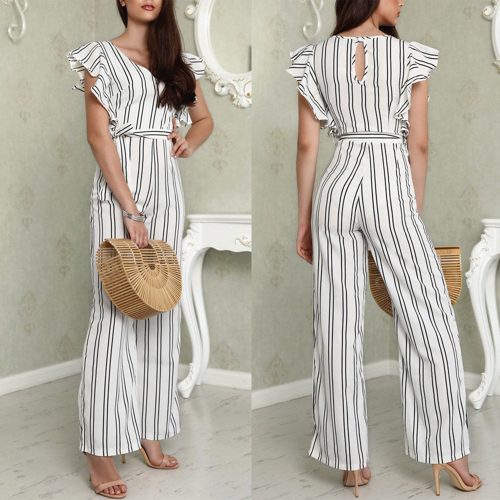 Sort hvid stribet jumpsuits dame flæser rompers overalls ærmeløs bodycon chiffon brede ben lange bukser playsuits: Hvid / M
