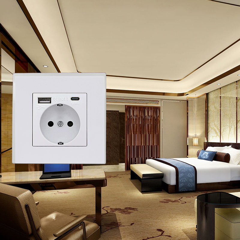 USB Type C Pop Socket French | German Electrical Plug White Panel Wall Power Socket Russian, 2100mA USB-C Fast Charging Outlet