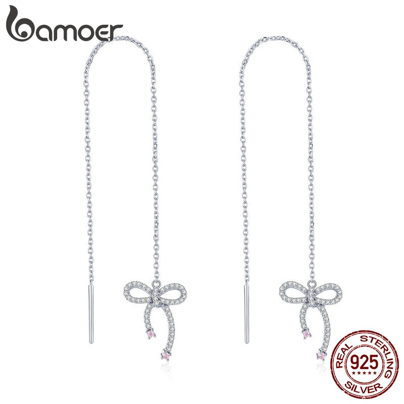 Bamoer alta qualidade 925 prata esterlina bowknot forma luminosa cz longo corrente balançar brincos para mulheres jóias de luxo bse047