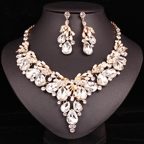 Crystal Ketting Oorbellen Indian Luxe Bruids Sieraden Set Wedding Party Prom Kostuum Sieraden Kerstcadeau voor Vrouwen: white in gold