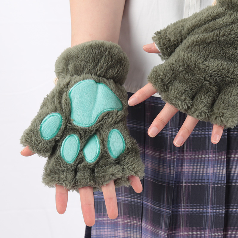 Gants à griffes de chat de dessin animé pour femmes, peluche épaisse, joli Style patte d'ours, doigts exposés, mitaines demi-hiver, gants chauds pour filles