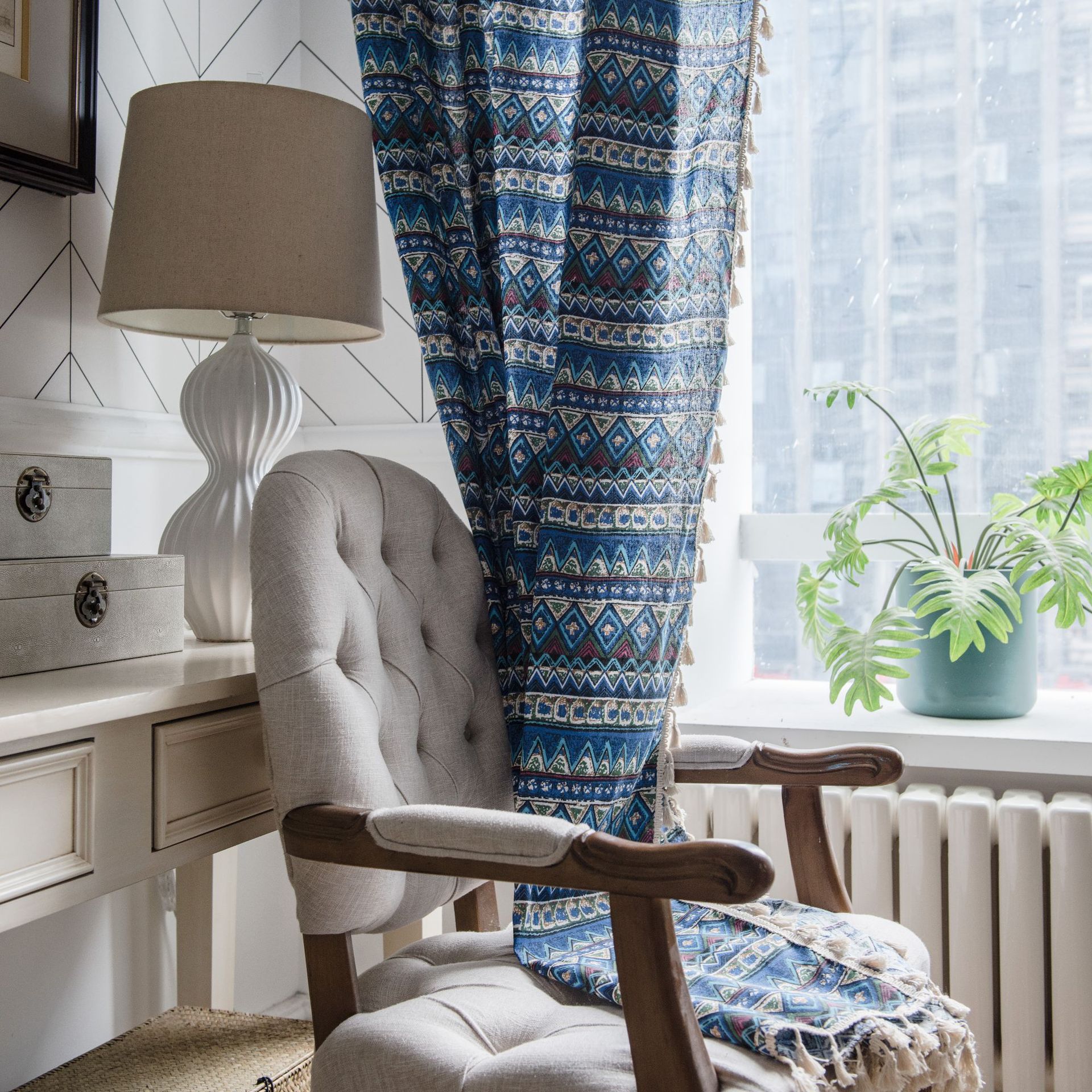 Geometric Finished Printing Blue Bohemian Curtain Cotto- Linen Curtain Semi-shading Bay Blackout Window Bedroom Living Room