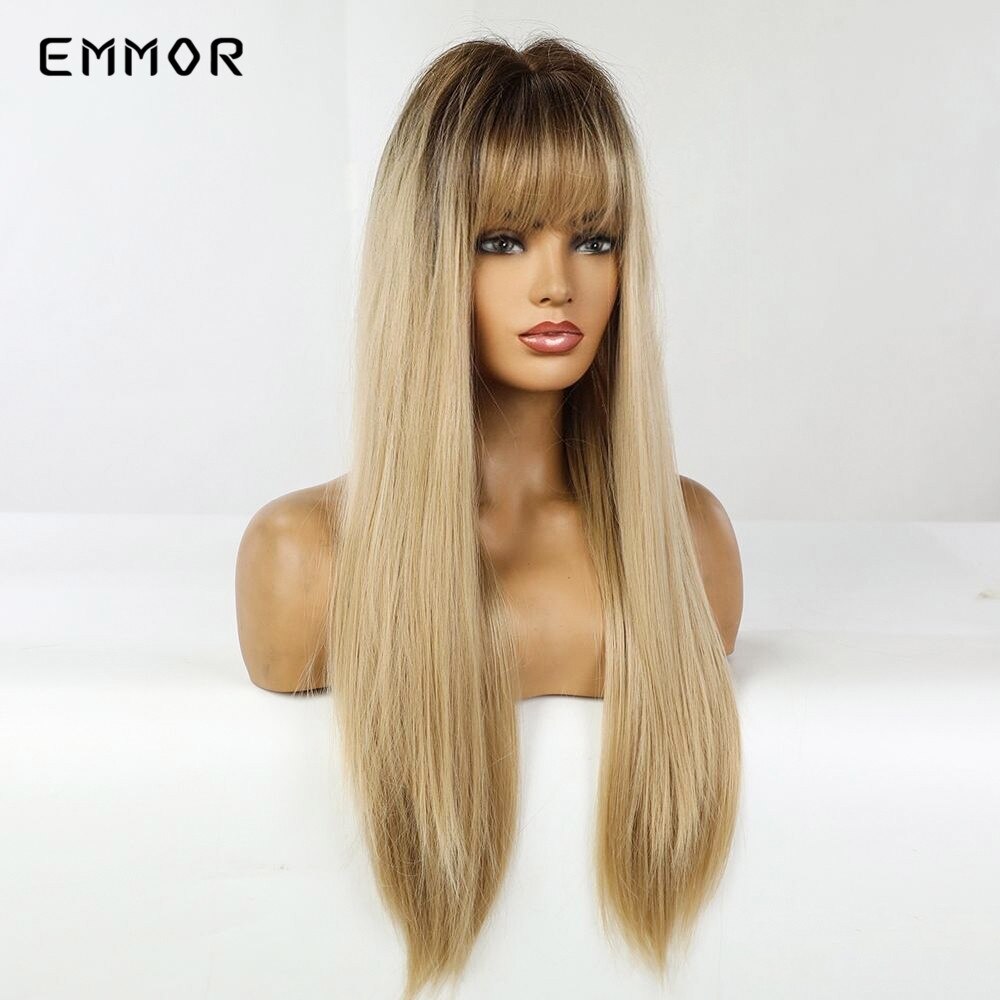 Emmor Synthetic Black Root Ombre Light Golden Blonde Straight Hair Wigs with Bangs High Temperature Cosplay Daily Wig for Women