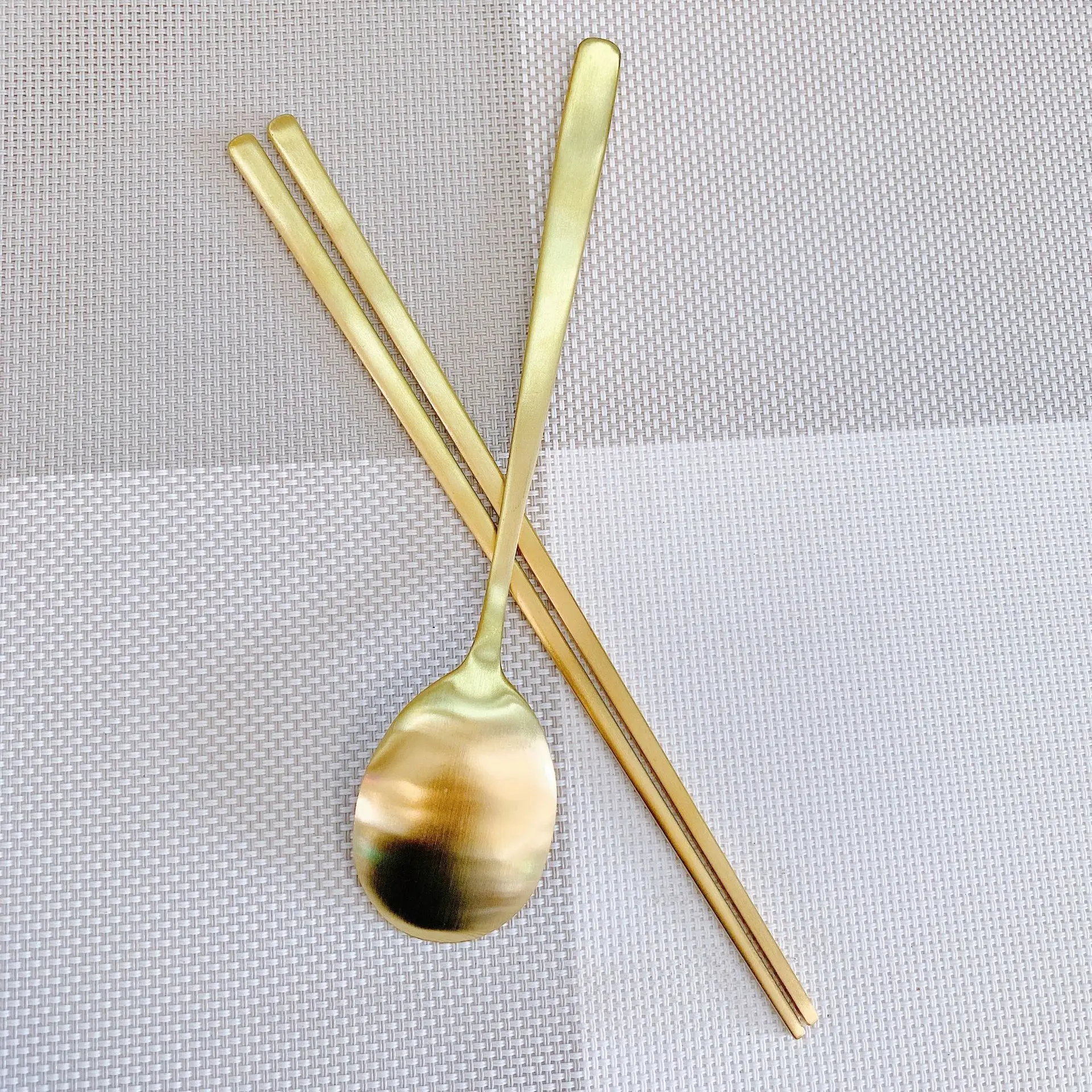 Stainless Steel Chopsticks Korean Spoon Set Flat Brushed Solid Gold-Plated Tableware
