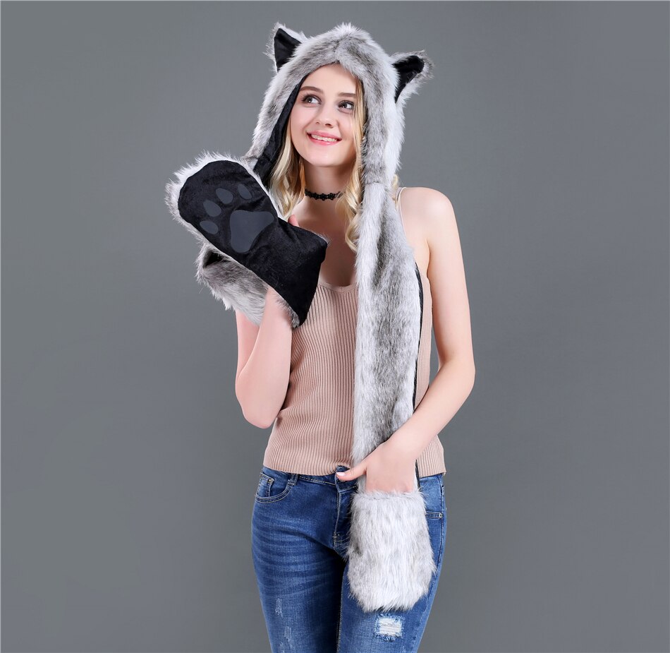 Imitation Fur Hat Cartoon Animal Hat Scarf Gloves One Piece Women Winter Set