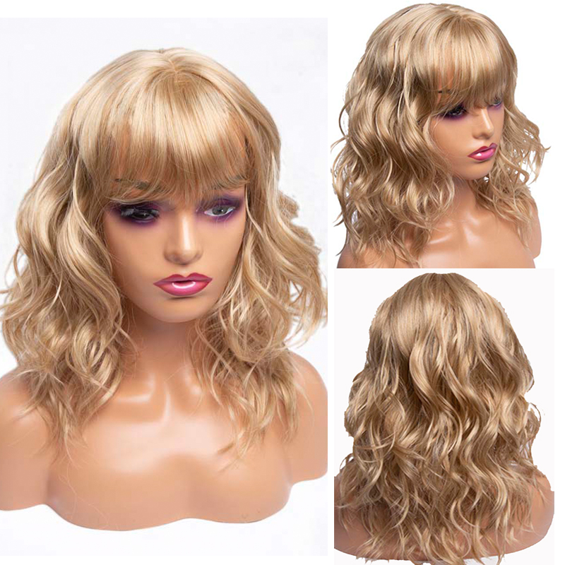 Amir syntetisk blonde krøllete parykker med smell black wave bob parykk for kvinner skulderlangt hår parykker cosplay: M blond