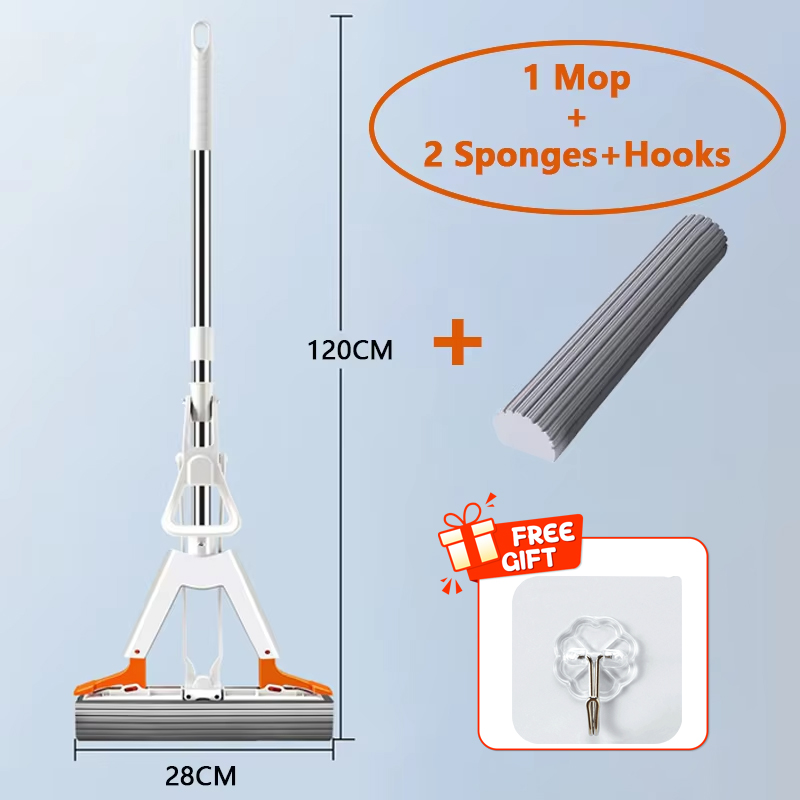 Squeezed Self Draining Rubber Cotton Mop Hand Free Magic Self-cleaning Flat Mop Reusable Sponge Household Floor Cleaning: Blue